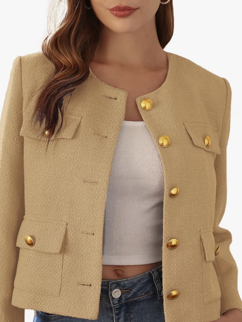 Tailored Cropped Bouclé Jacket in Beige with Gold Buttons